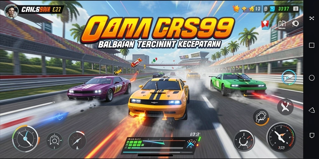 Screenshot gameplay CRS99 menampilkan mobil balap melaju kencang di lintasan yang menantang.