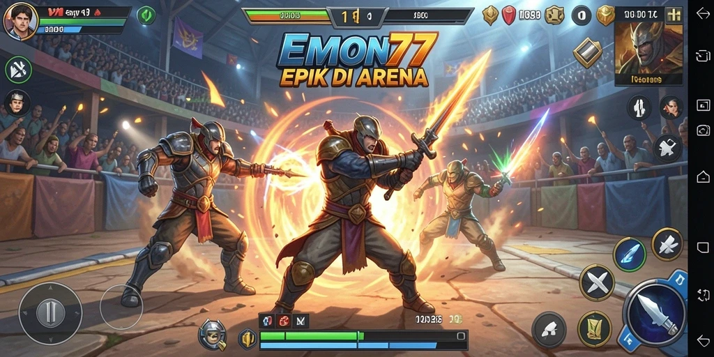 Screenshot gameplay EMON77 menampilkan pertarungan seru antar karakter.