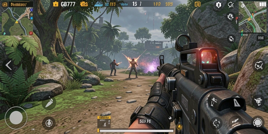 Screenshot gameplay GB777 yang menunjukkan aksi tembak-menembak yang mendebarkan.