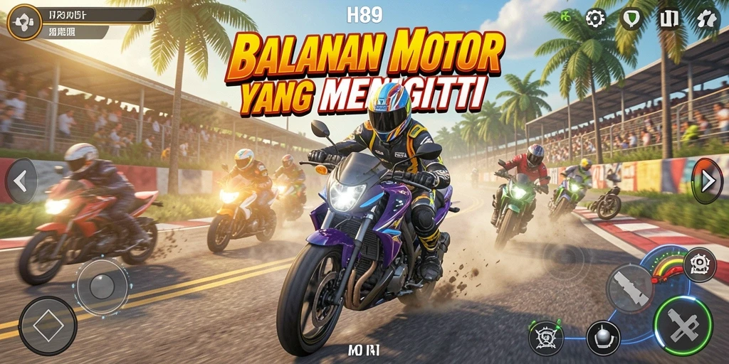 Tampilan gameplay H89 dengan balapan motor yang menegangkan dan grafik memukau.