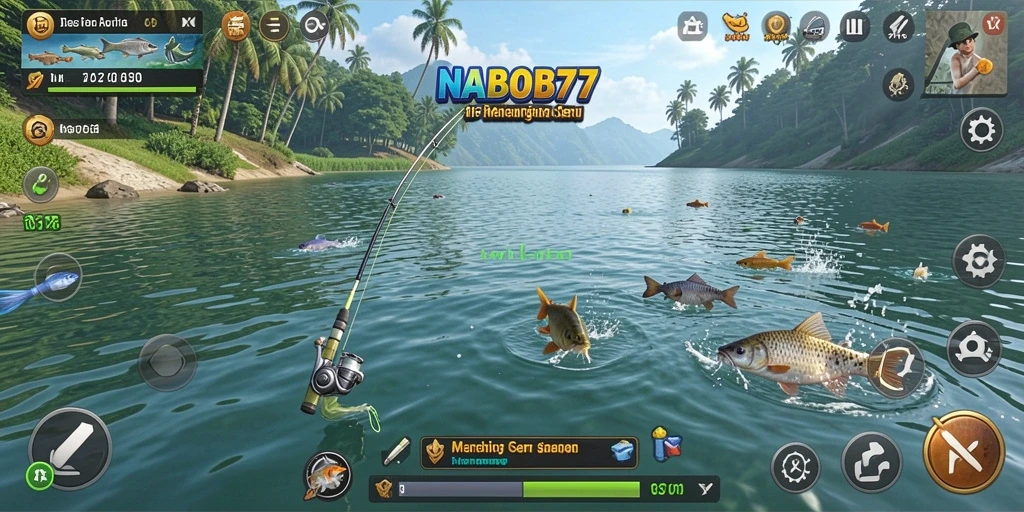 Screenshot NABOB77 menampilkan pemain yang sedang memancing di lokasi indah.
