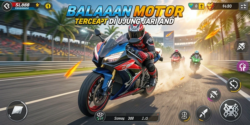 Gameplay SL888 menampilkan balapan motor yang mendebarkan dan penuh aksi.