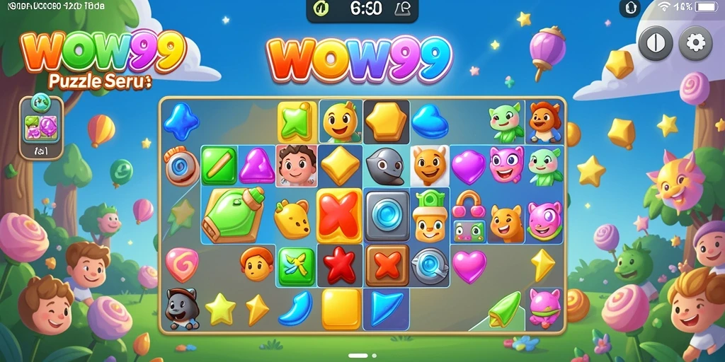 Tampilan gameplay WOW99 yang menampilkan kombinasi warna cerah dan tantangan match-3.